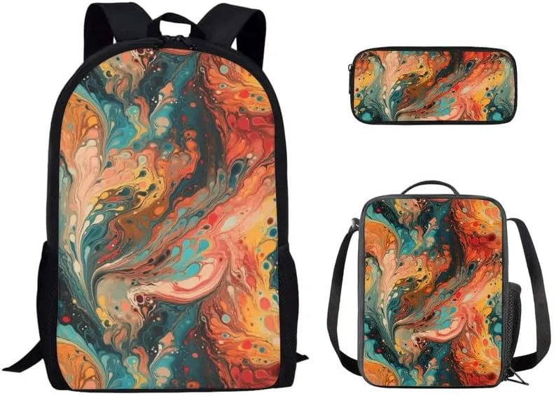 Fluid Art Painting Gradient Designed Boys Kids Teens Backpack Set Liquid Hand Drawing 3 Pcs Bags with Lunch Box and Pencil Case for School Sport Travel