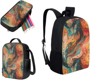 Fluid Art Painting Gradient Designed Boys Kids Teens Backpack Set Liquid Hand Drawing 3 Pcs Bags with Lunch Box and Pencil Case for School Sport Travel