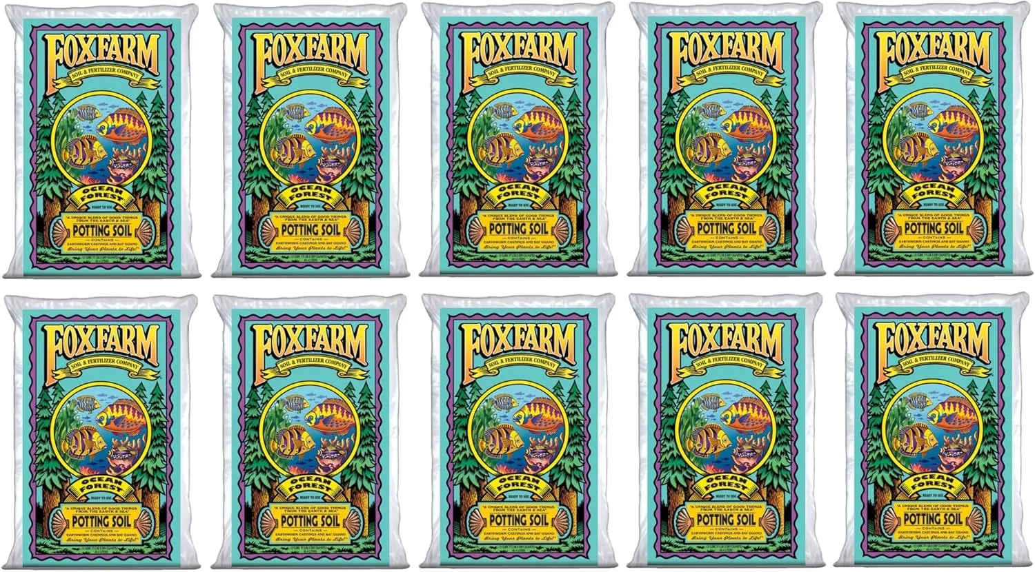 Fox Farm Foxfarm FX14000 Ocean Forest Indoor/Outdoor Garden Potting Soil Bags 6.3-6.8 pH, 1.5 Cubic Feet, 40 pounds for Plants (10 Pack)