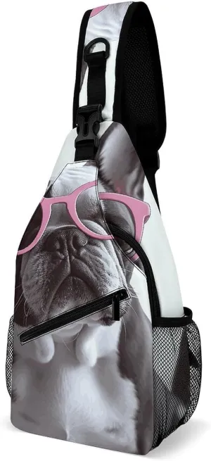 French Bulldog Pink Glasses Sling Bag for Men Women Waterproof Chest Bag Print Cross Chest Bag Diagonally Gym Sport Travel Hiking Daypack