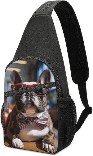 French Bulldog Wearing Sunglasses Sling Bag Casual Chest Bag Crossbody Shoulder Backpack Sport Travel Hiking Daypack for Women Men