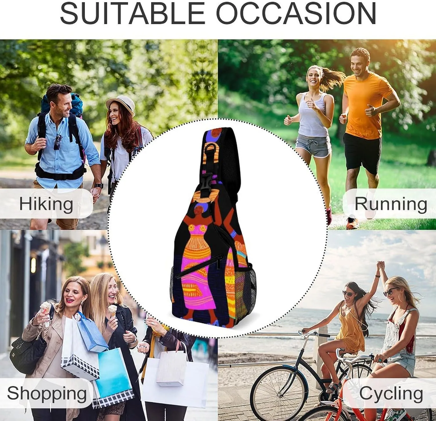 Funny Colorful Ethnic Dress Traditional African Black Women Chest Bag for Sports, Women Men Causal Sling Bag Shoulder Pack Crossbody Backpack with Detachable Buckles for Hiking Daypack