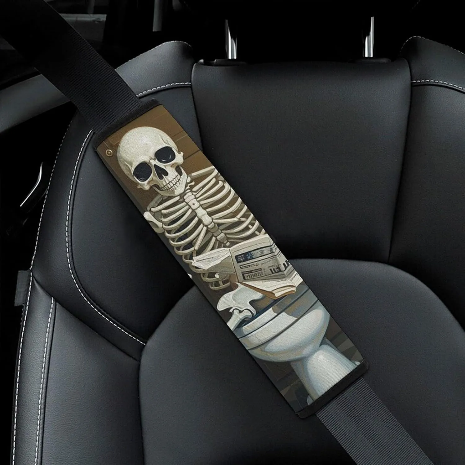 Funny Skeleton Bathroom Canvas Auto Seat Belt Cover 2PCS Universal Car Seat Belt Shoulder Protector Pad, Protect Your Shoulders and Neck for Car Seat Belt, Shoulder Bag, Backpack