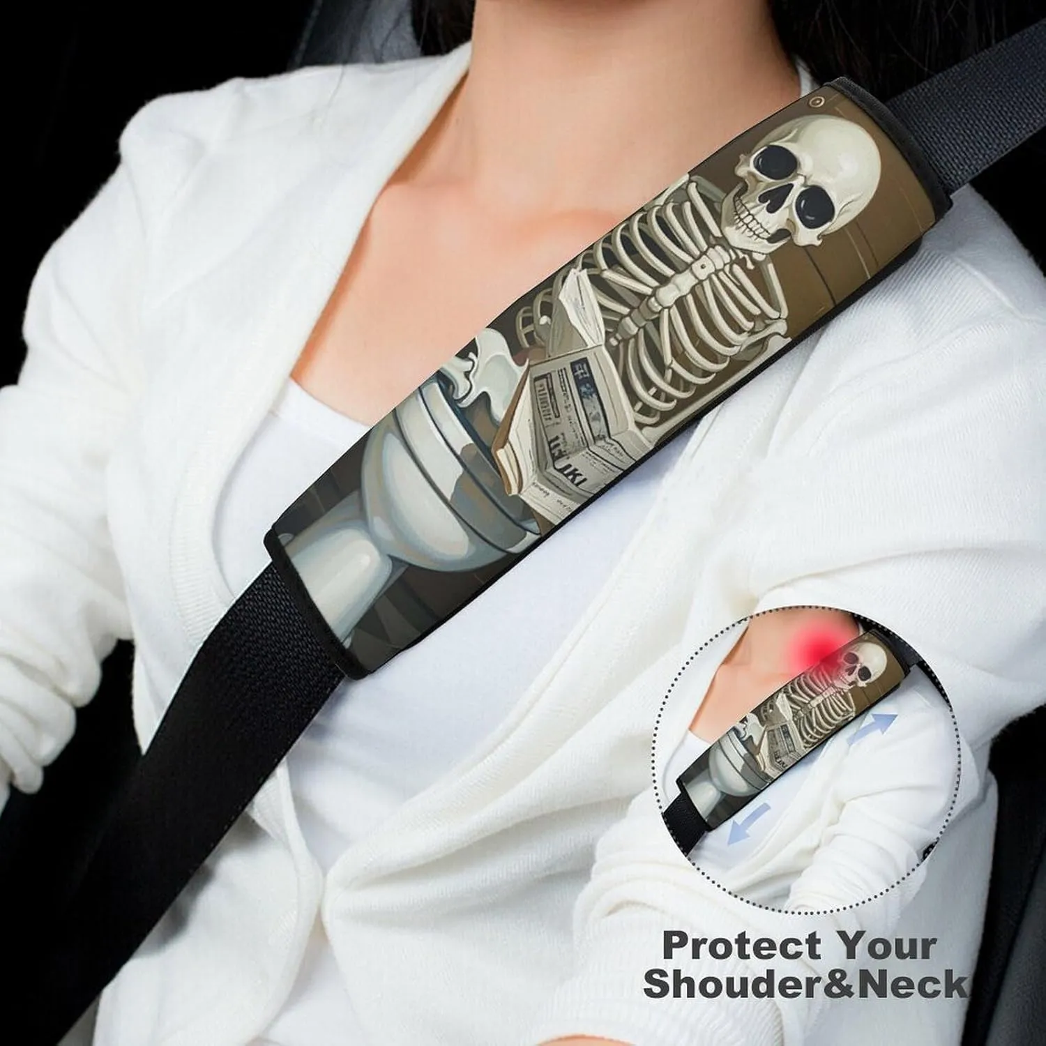 Funny Skeleton Bathroom Canvas Auto Seat Belt Cover 2PCS Universal Car Seat Belt Shoulder Protector Pad, Protect Your Shoulders and Neck for Car Seat Belt, Shoulder Bag, Backpack