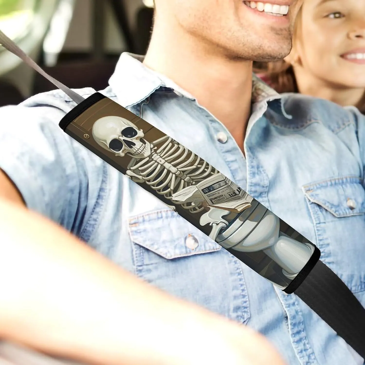 Funny Skeleton Bathroom Canvas Auto Seat Belt Cover 2PCS Universal Car Seat Belt Shoulder Protector Pad, Protect Your Shoulders and Neck for Car Seat Belt, Shoulder Bag, Backpack
