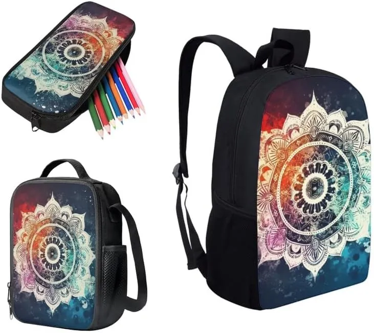 Galaxy Lotus Mandala Backpack School Bags for Girls with Starry Sky Waterlily Lunch Bag Pencil Case 3-Pieces for Teens Boys Girls School