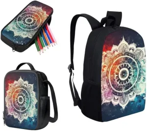 Galaxy Lotus Mandala Backpack School Bags for Girls with Starry Sky Waterlily Lunch Bag Pencil Case 3-Pieces for Teens Boys Girls School