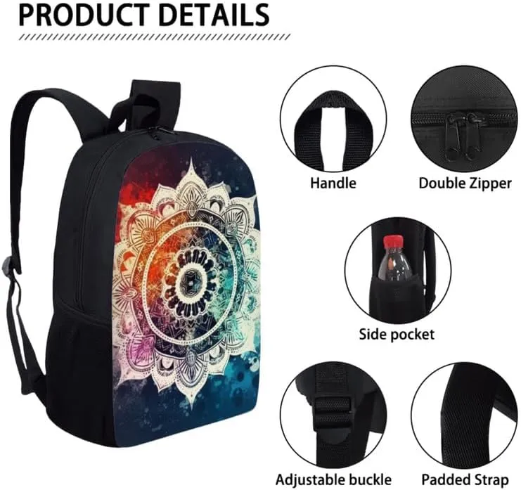 Galaxy Lotus Mandala Backpack School Bags for Girls with Starry Sky Waterlily Lunch Bag Pencil Case 3-Pieces for Teens Boys Girls School