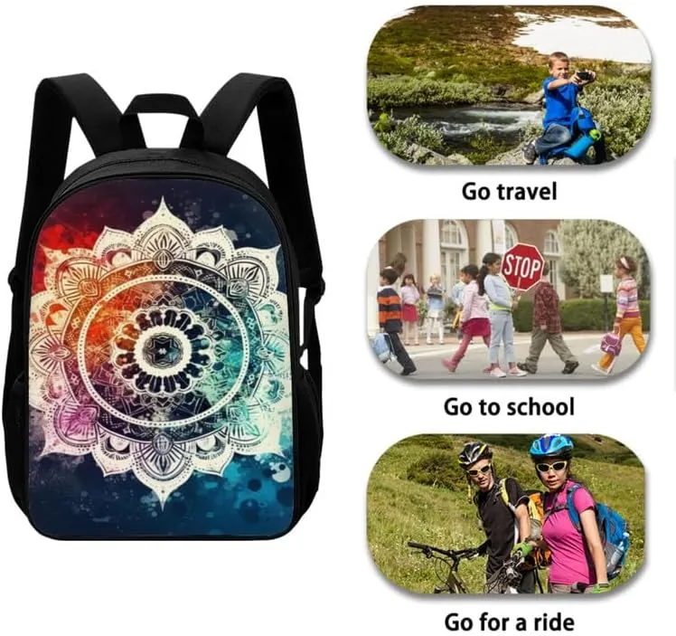 Galaxy Lotus Mandala Backpack School Bags for Girls with Starry Sky Waterlily Lunch Bag Pencil Case 3-Pieces for Teens Boys Girls School