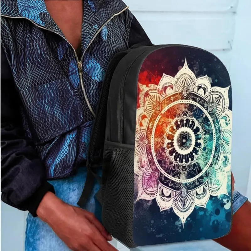Galaxy Lotus Mandala Backpack School Bags for Girls with Starry Sky Waterlily Lunch Bag Pencil Case 3-Pieces for Teens Boys Girls School