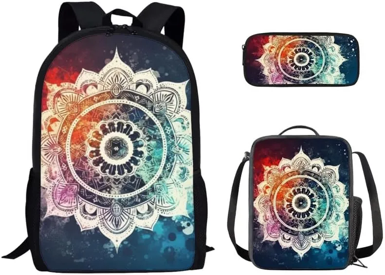 Galaxy Lotus Mandala Backpack School Bags for Girls with Starry Sky Waterlily Lunch Bag Pencil Case 3-Pieces for Teens Boys Girls School