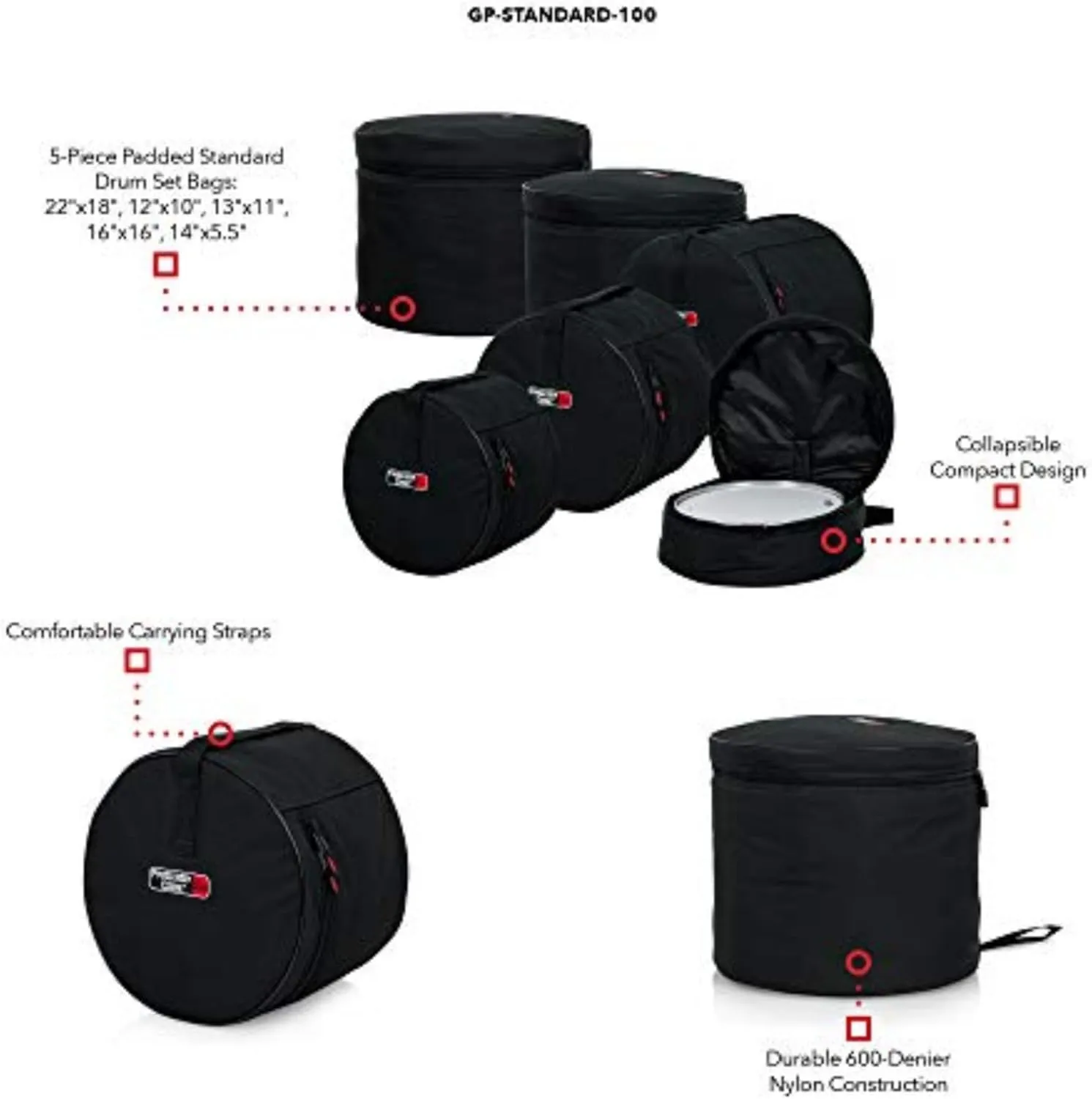 Gator Cases Protechtor Series 5 piece Padded Drum Bag Set for Standard Kits; 22" Kick, 12” Tom, 13” Tom, 16” Tom, 14” Snare (GP-STANDARD-100)