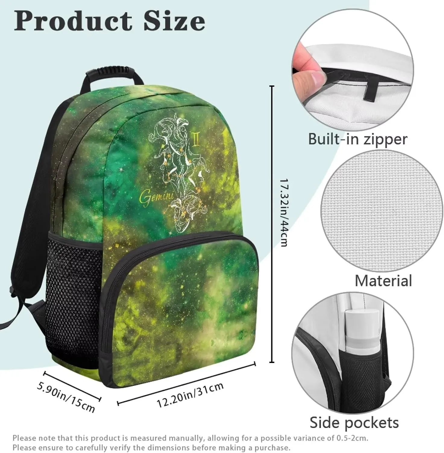 Gemini Hiking Backpack Printed Computer Backpacks for Laptops Ergonomic Shoulder Straps Schoolbag Purse for College School Teens Children
