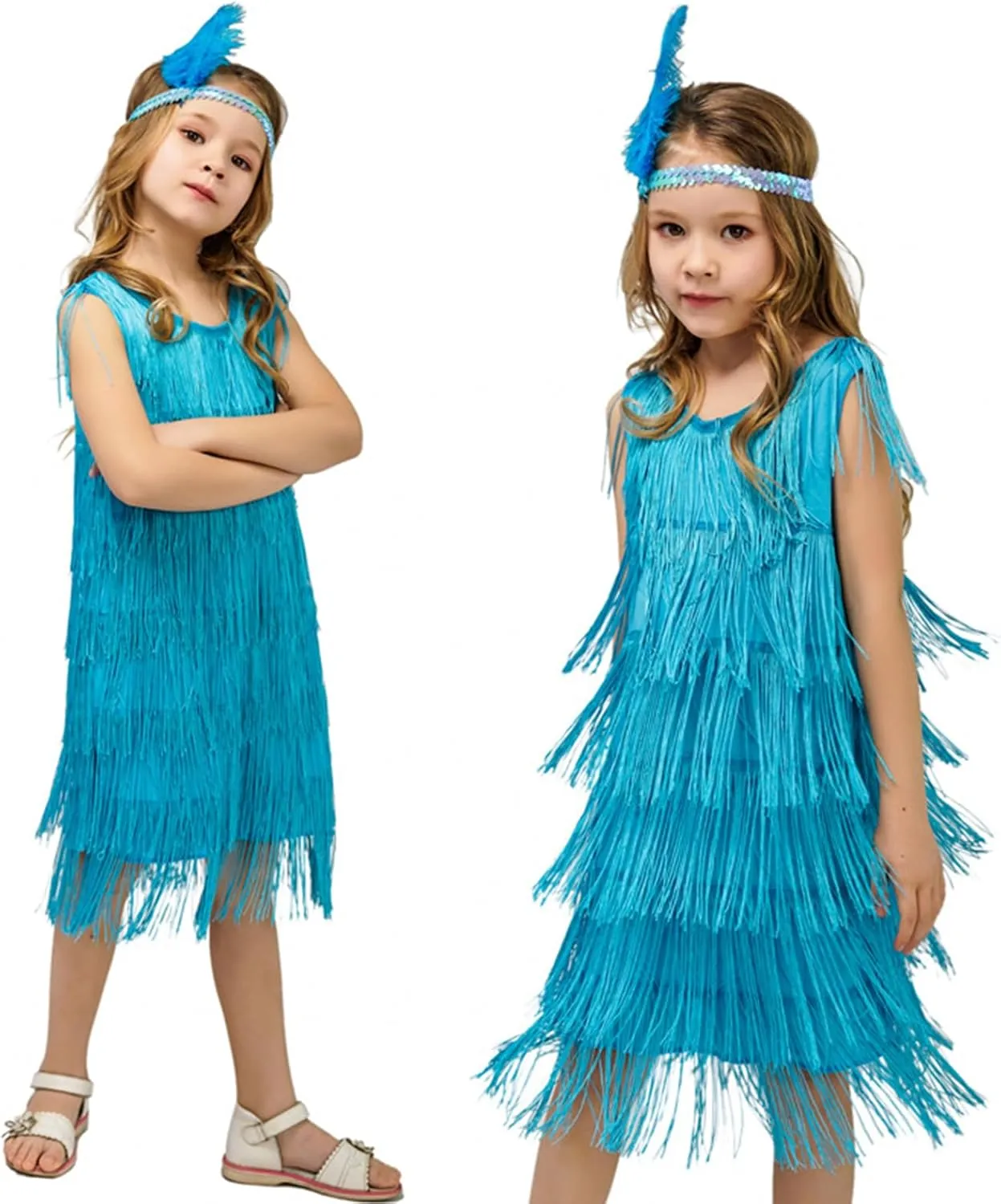 Generic Fringed Dress Round Neck Flapper Dress Retro Latin Dance Stage Costumes for 3-12 Girls