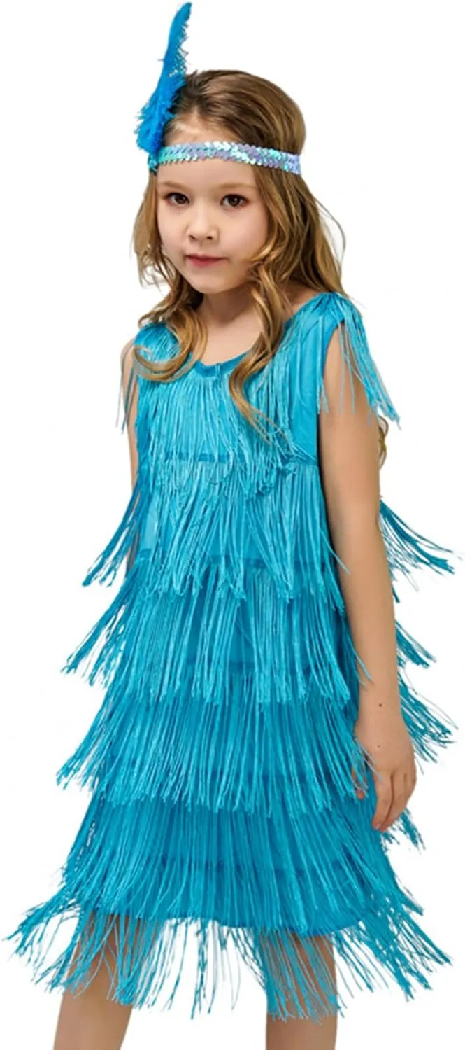 Generic Fringed Dress Round Neck Flapper Dress Retro Latin Dance Stage Costumes for 3-12 Girls