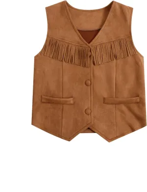 Girl's Tassels Sleeveless Vest 70s Hippie Faux Suede Boho Western Cowgirl Fringe Jacket Cardigan