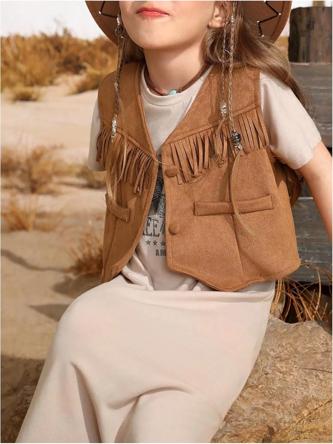 Girl's Tassels Sleeveless Vest 70s Hippie Faux Suede Boho Western Cowgirl Fringe Jacket Cardigan