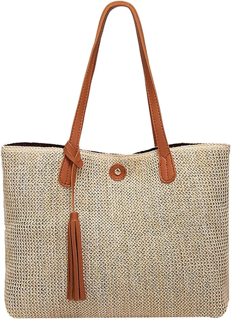 Goclothod Fashion Handbags Women Woven Straw Bag Summer Beach Tote Purse