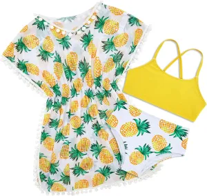 Goodstoworld 7-12Y Girls 3 Piece Cover Up Swimsuit Hawaiian Bikini Bathing Suit with Pompom Tassel