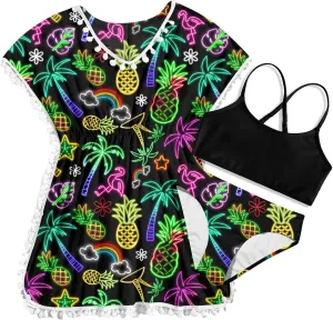 Goodstoworld 7-12Y Girls 3 Piece Cover Up Swimsuit Hawaiian Bikini Bathing Suit with Pompom Tassel