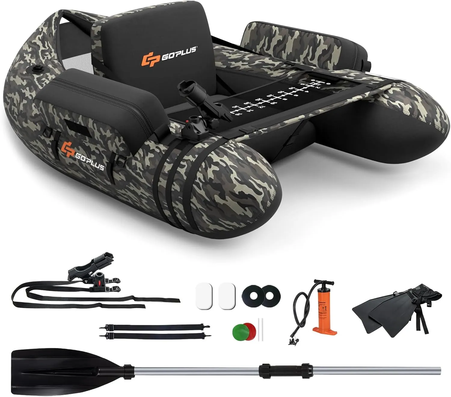 Goplus Inflatable Float Tube, Fishing Belly Boat with Fish Ruler, Pump, Storage Bag, Adjustable Straps, Fishing Float Tube for Angling, 350LBS Load Capacity