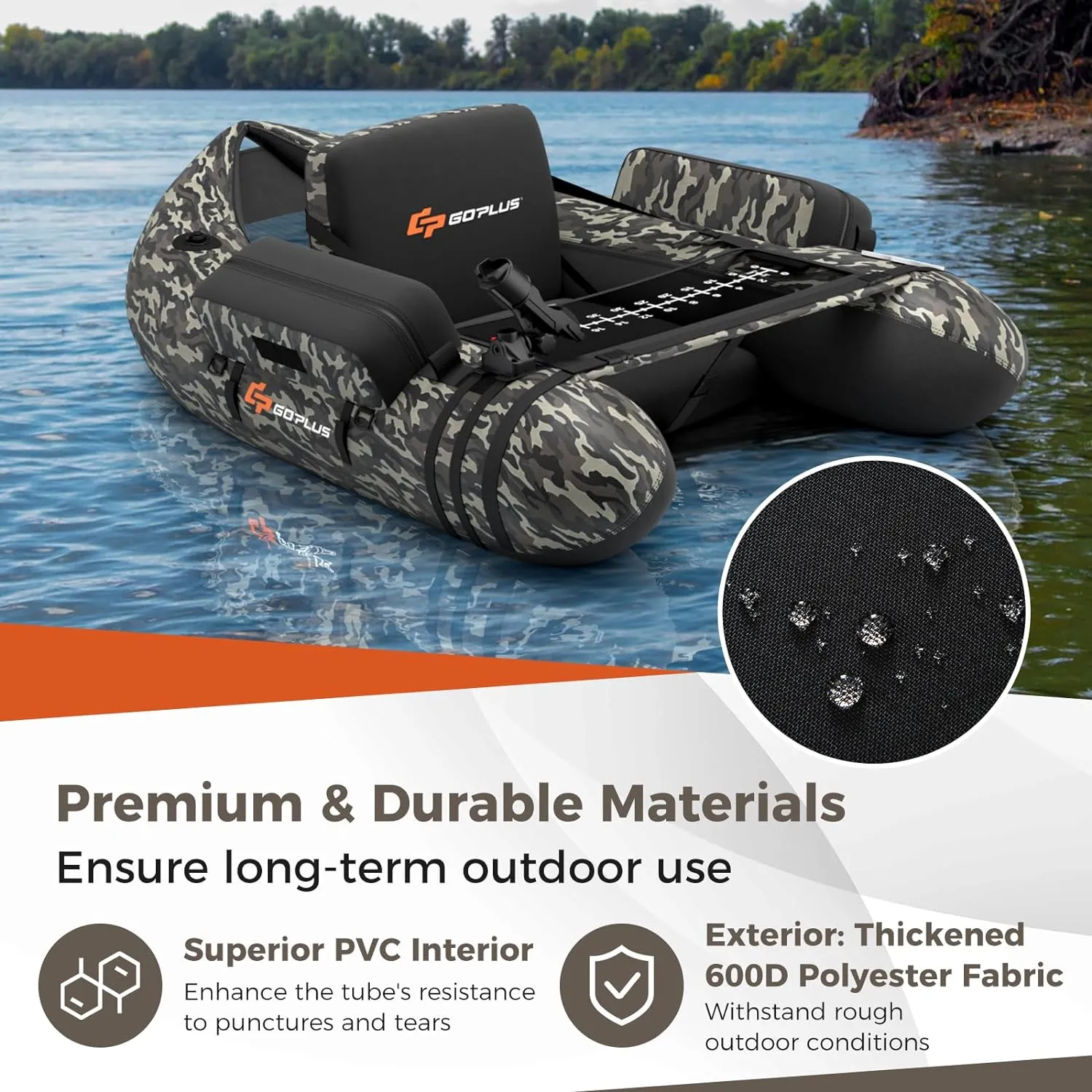Goplus Inflatable Float Tube, Fishing Belly Boat with Fish Ruler, Pump, Storage Bag, Adjustable Straps, Fishing Float Tube for Angling, 350LBS Load Capacity