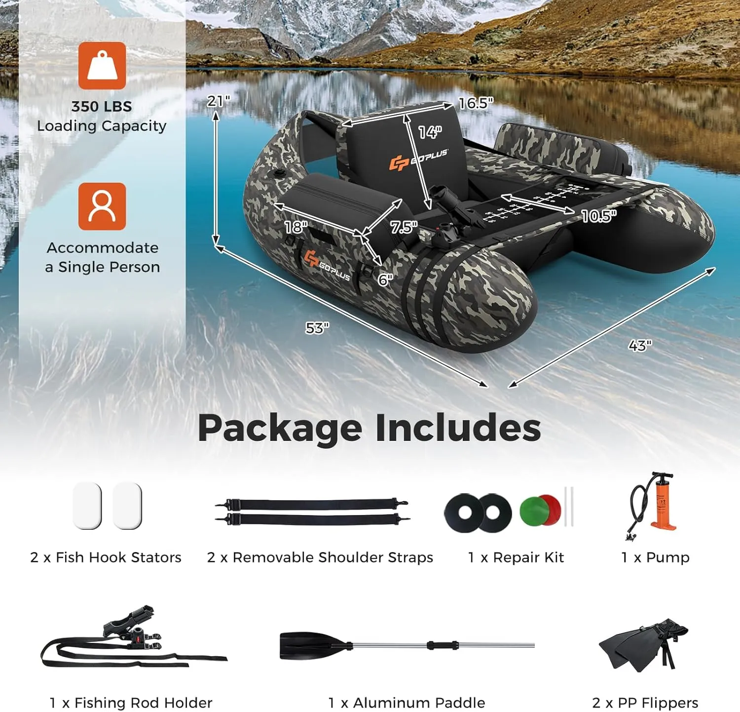 Goplus Inflatable Float Tube, Fishing Belly Boat with Fish Ruler, Pump, Storage Bag, Adjustable Straps, Fishing Float Tube for Angling, 350LBS Load Capacity