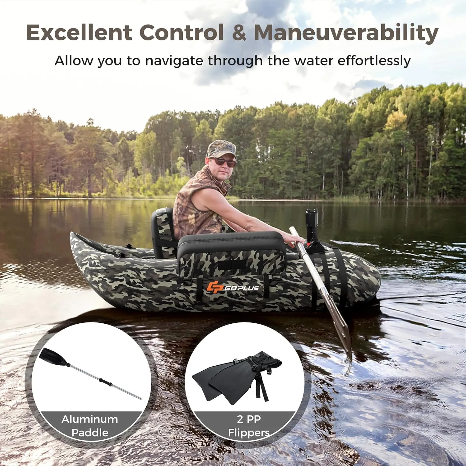 Goplus Inflatable Float Tube, Fishing Belly Boat with Fish Ruler, Pump, Storage Bag, Adjustable Straps, Fishing Float Tube for Angling, 350LBS Load Capacity