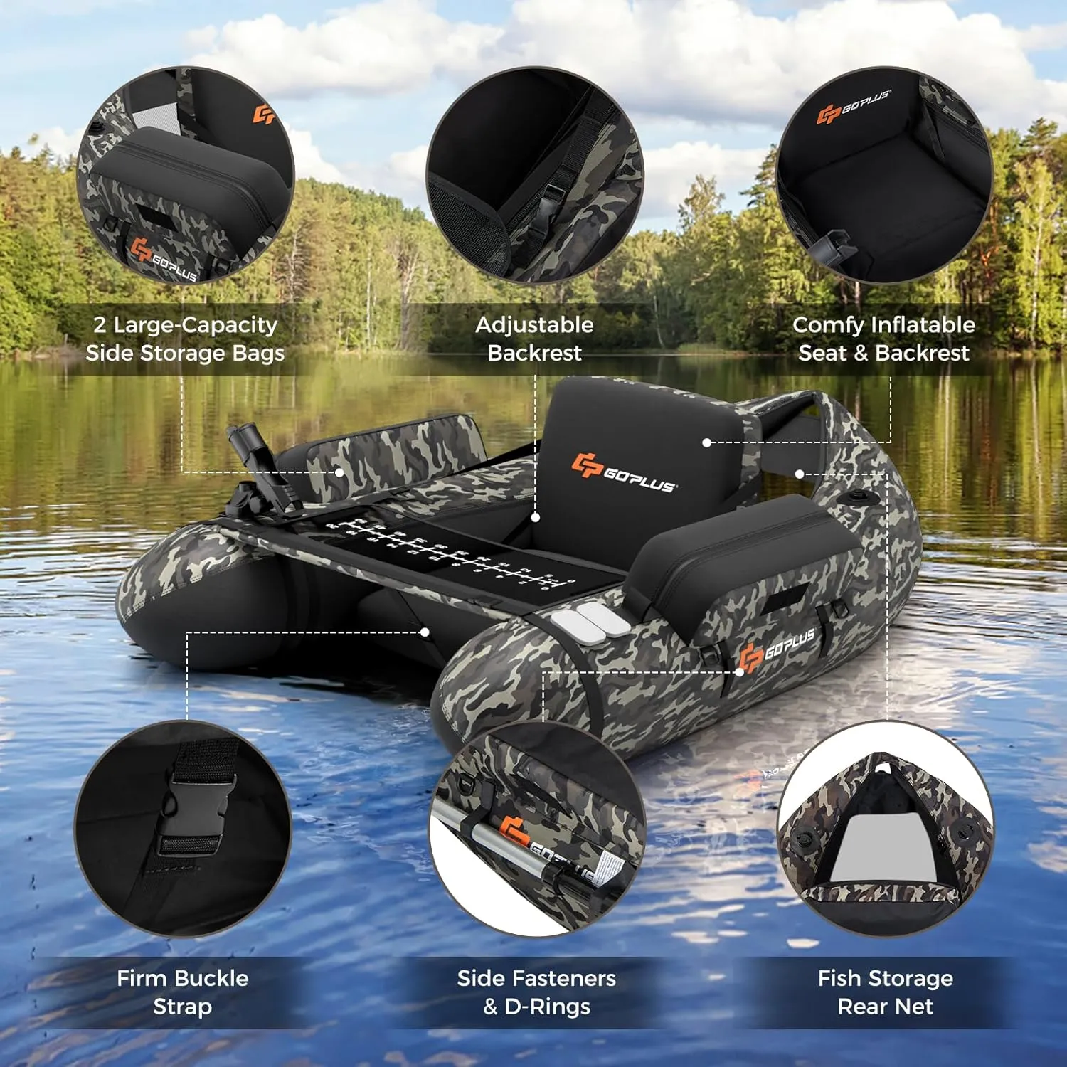Goplus Inflatable Float Tube, Fishing Belly Boat with Fish Ruler, Pump, Storage Bag, Adjustable Straps, Fishing Float Tube for Angling, 350LBS Load Capacity