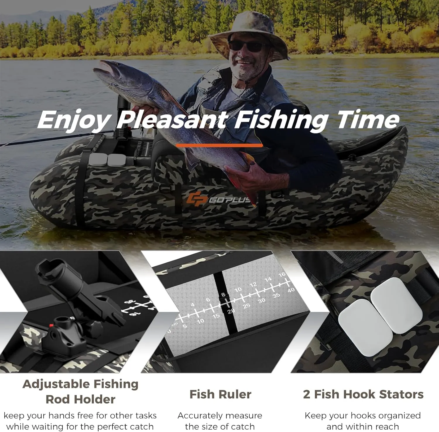Goplus Inflatable Float Tube, Fishing Belly Boat with Fish Ruler, Pump, Storage Bag, Adjustable Straps, Fishing Float Tube for Angling, 350LBS Load Capacity