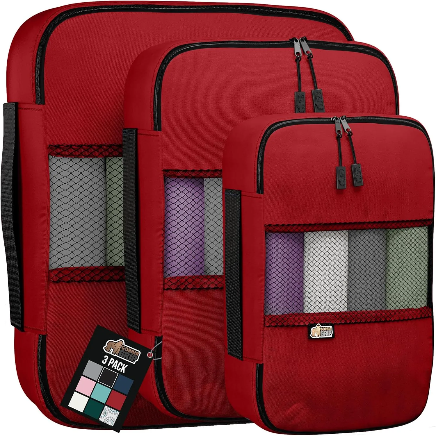 GORILLA GRIP Packing Cubes, Travel Essentials for Suitcase, Mesh Organizer Bags for Clothes Toiletries Shoes and Laundry, Luggage and Carry On Airplane Accessories, Traveling Must Haves, 3 Set Red