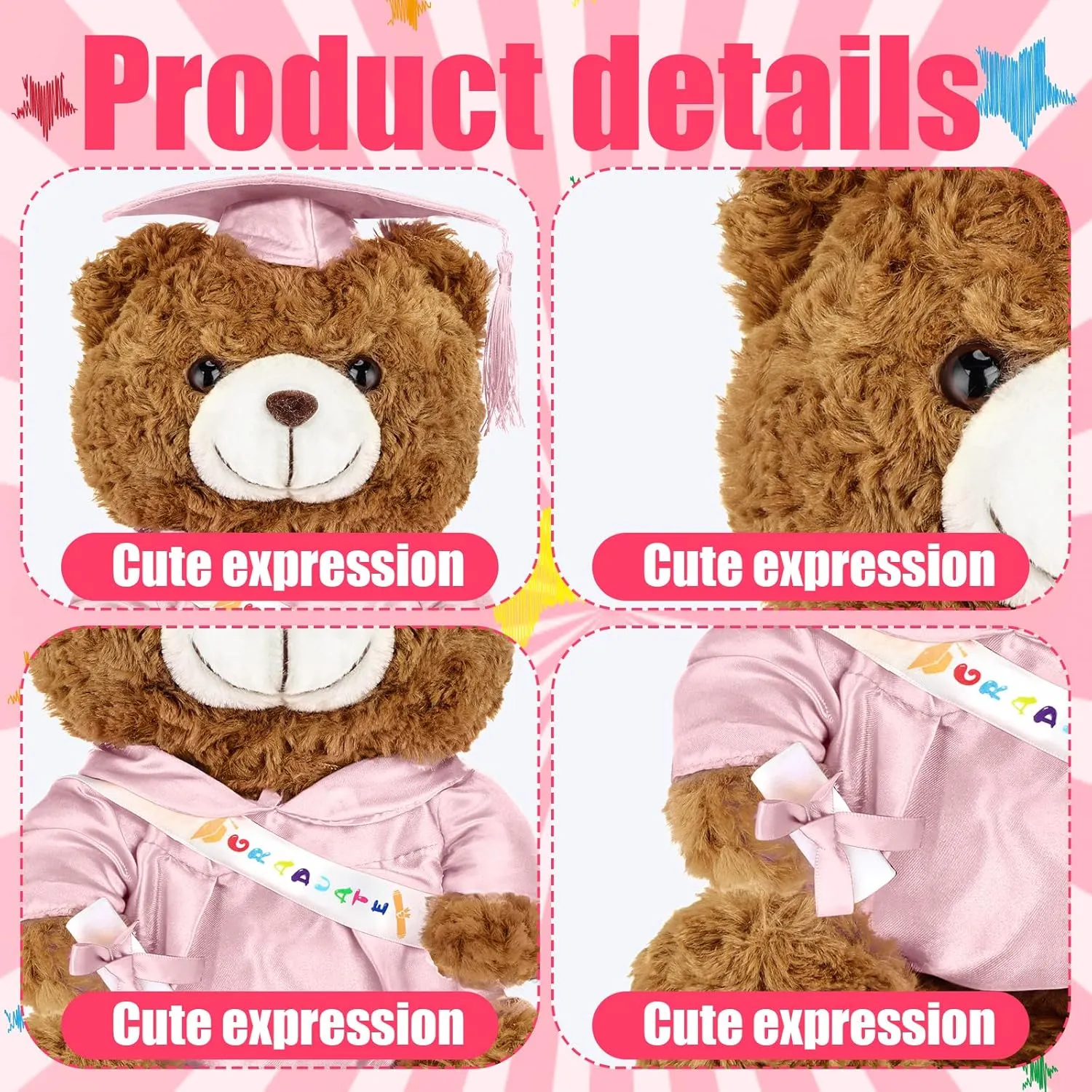 Graduation Bears 2025 Plush Stuffed Animal Bear with Gown Cap Tassel Set Cute Brown Graduate Gifts Stuffed Animal Doll Plush Toy for Graduation Party Supplies(9 Inch,Pink)