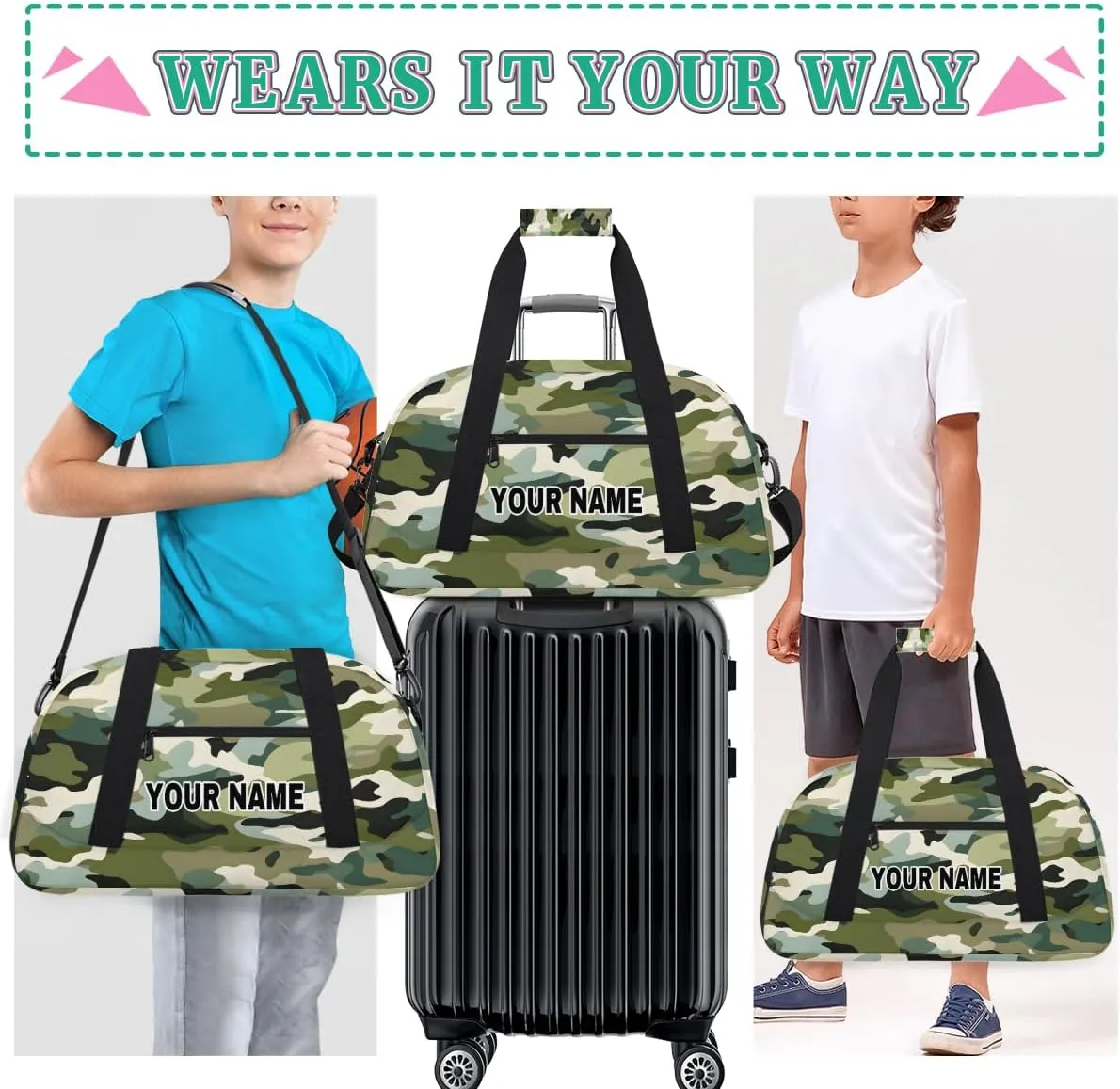 Green Black Camouflage Camo Personalized Kids Duffel Bags for Boys Girls Teen, Custom Sports Gym Bag, Customized Travel Duffel Bag Girls Dance Bag Weekender Overnight Bag for Kids