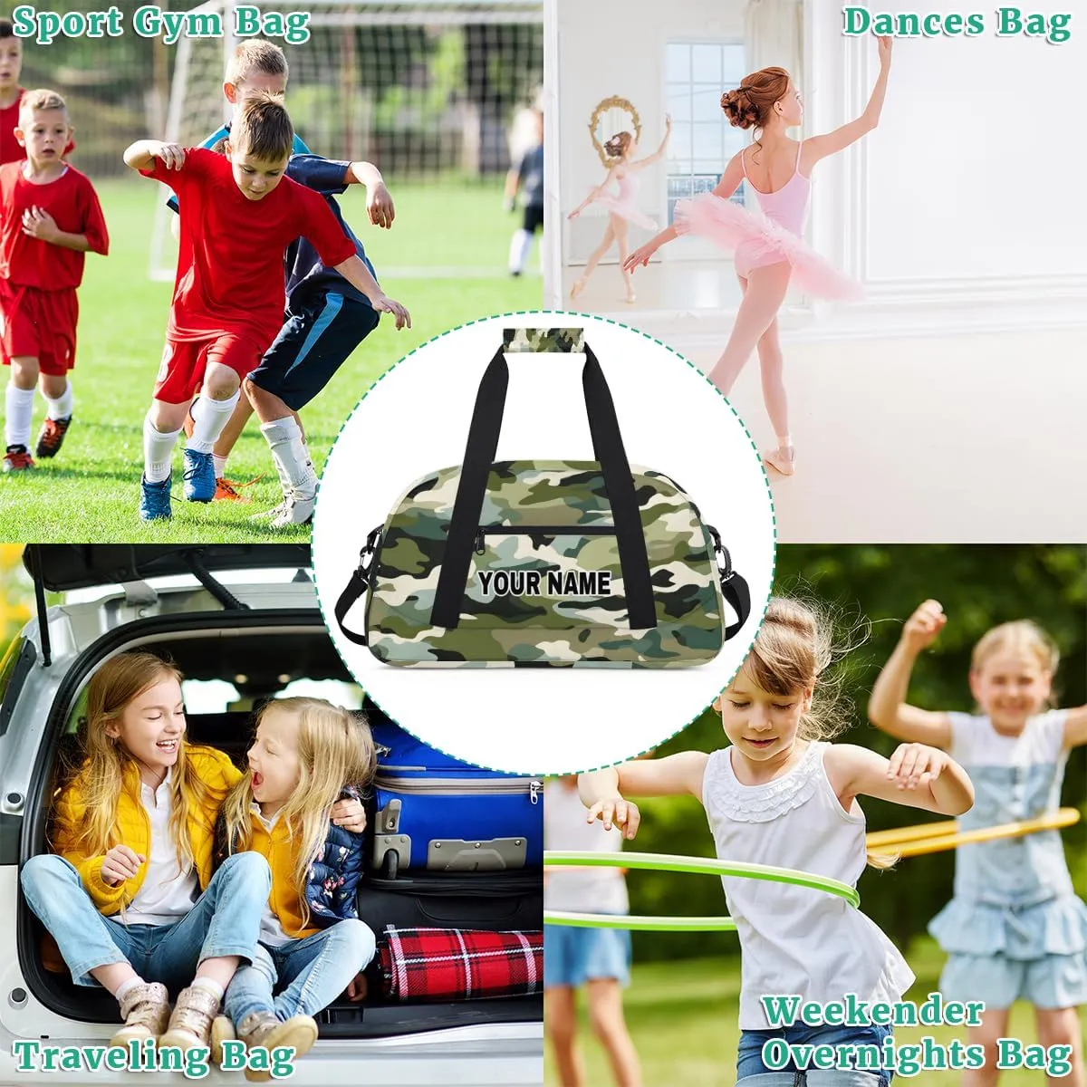 Green Black Camouflage Camo Personalized Kids Duffel Bags for Boys Girls Teen, Custom Sports Gym Bag, Customized Travel Duffel Bag Girls Dance Bag Weekender Overnight Bag for Kids