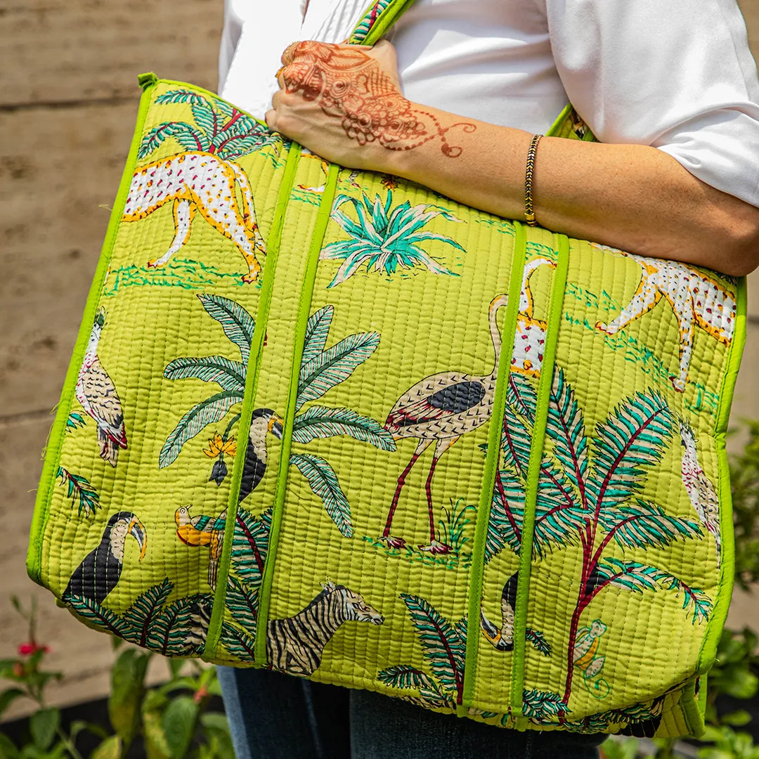 GREEN JUNGLE BLOCK PRINT QUILTED TOTE BAG