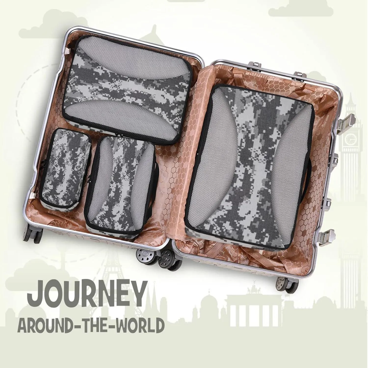 Grey Black Digital Camouflage Fabric Texture Background 4 PCs Set Packing Bags, Luggage Organizer Bag, Portable Cube Toiletry bag, Durable Travel Cosmetic Storage Bag for Men Women