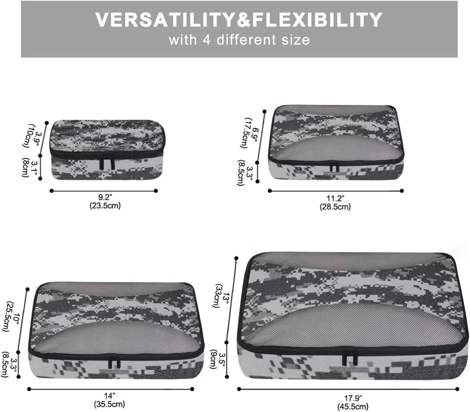 Grey Black Digital Camouflage Fabric Texture Background 4 PCs Set Packing Bags, Luggage Organizer Bag, Portable Cube Toiletry bag, Durable Travel Cosmetic Storage Bag for Men Women