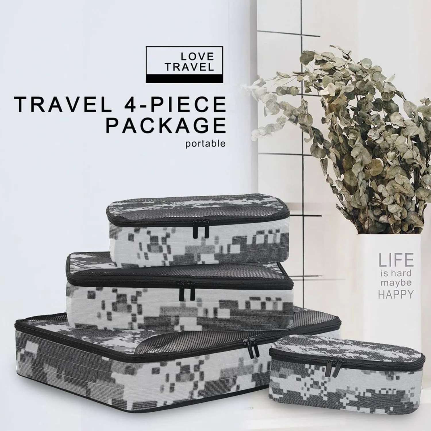 Grey Black Digital Camouflage Fabric Texture Background 4 PCs Set Packing Bags, Luggage Organizer Bag, Portable Cube Toiletry bag, Durable Travel Cosmetic Storage Bag for Men Women