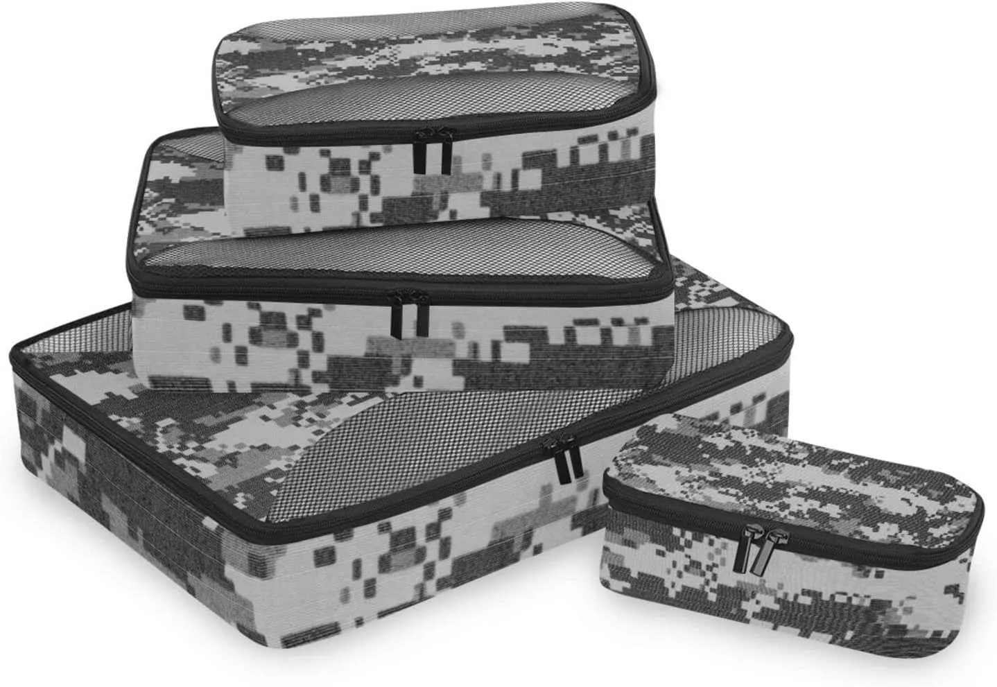 Grey Black Digital Camouflage Fabric Texture Background 4 PCs Set Packing Bags, Luggage Organizer Bag, Portable Cube Toiletry bag, Durable Travel Cosmetic Storage Bag for Men Women
