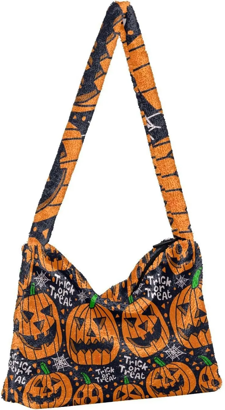 Halloween Objects Cute Black Cat Sits Women Plush Shoulder Bag, Shoulder Bags for Women, Autumn Handbags
