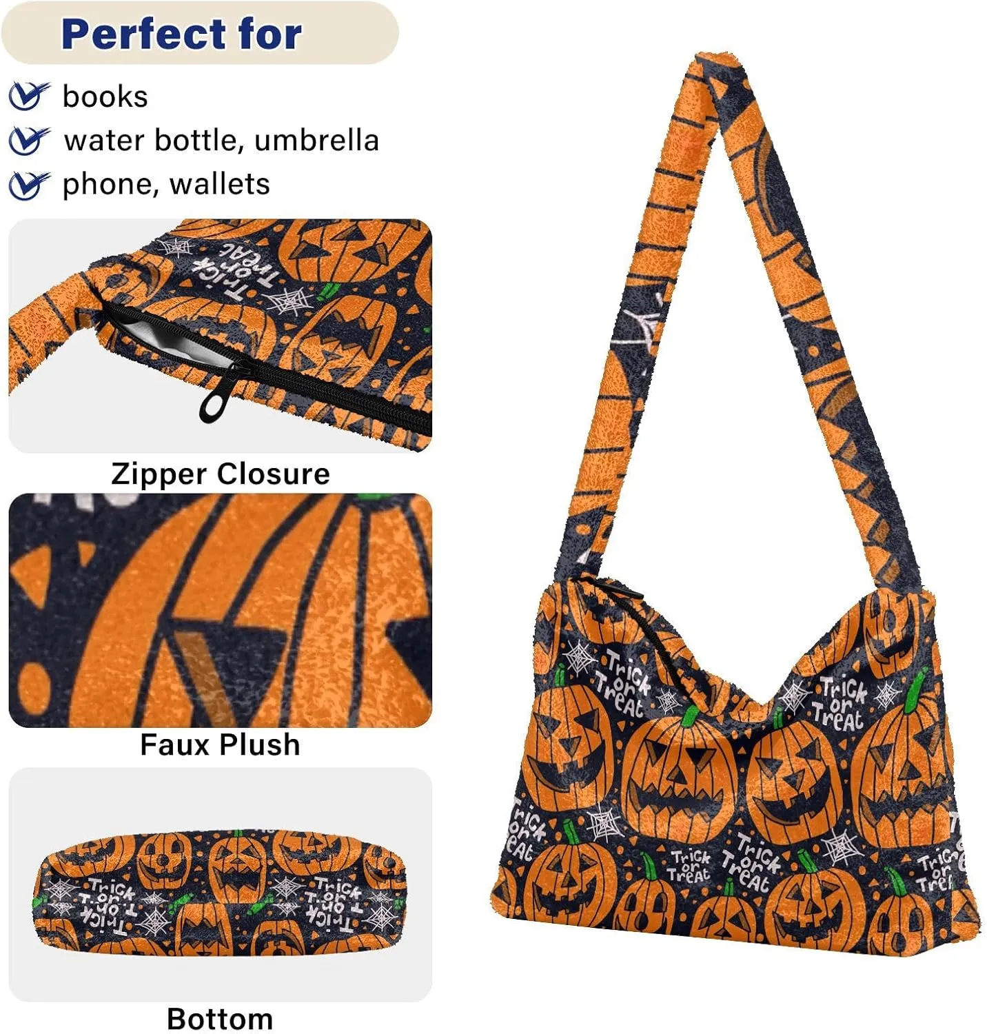 Halloween Objects Cute Black Cat Sits Women Plush Shoulder Bag, Shoulder Bags for Women, Autumn Handbags