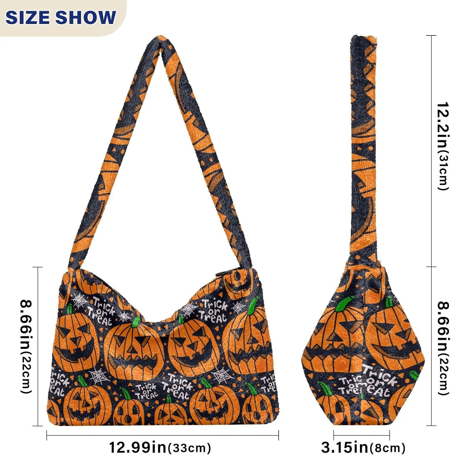 Halloween Objects Cute Black Cat Sits Women Plush Shoulder Bag, Shoulder Bags for Women, Autumn Handbags