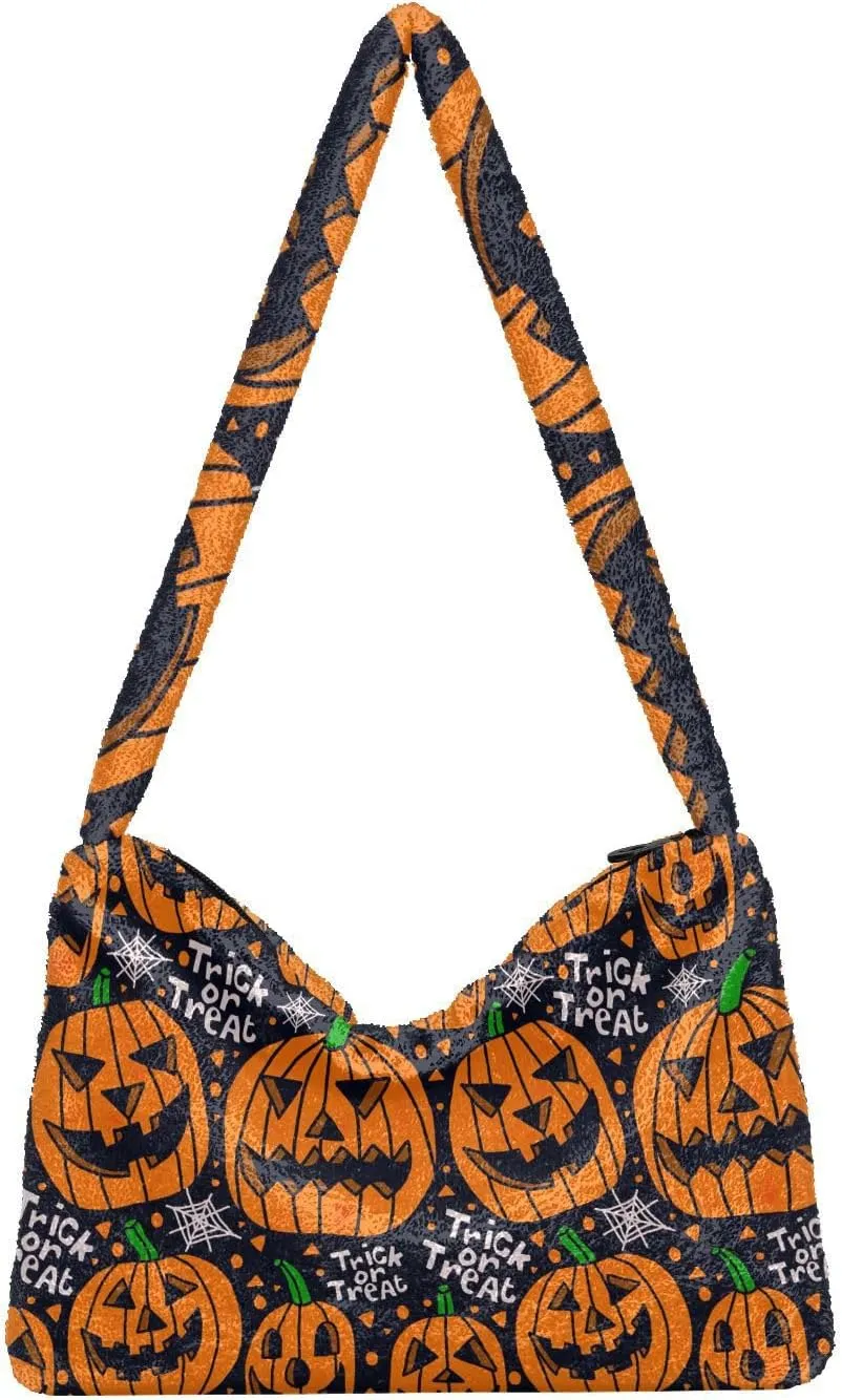 Halloween Objects Cute Black Cat Sits Women Plush Shoulder Bag, Shoulder Bags for Women, Autumn Handbags