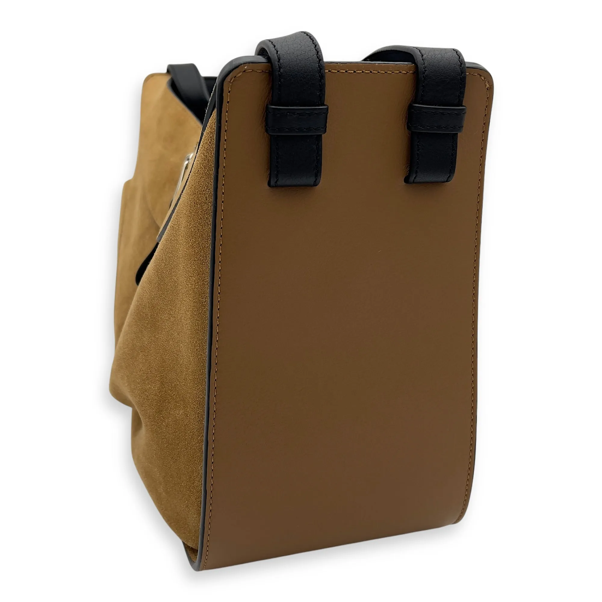 Hammock Small Brown Shoulder Bag in Suede Leather, Silver hardware
