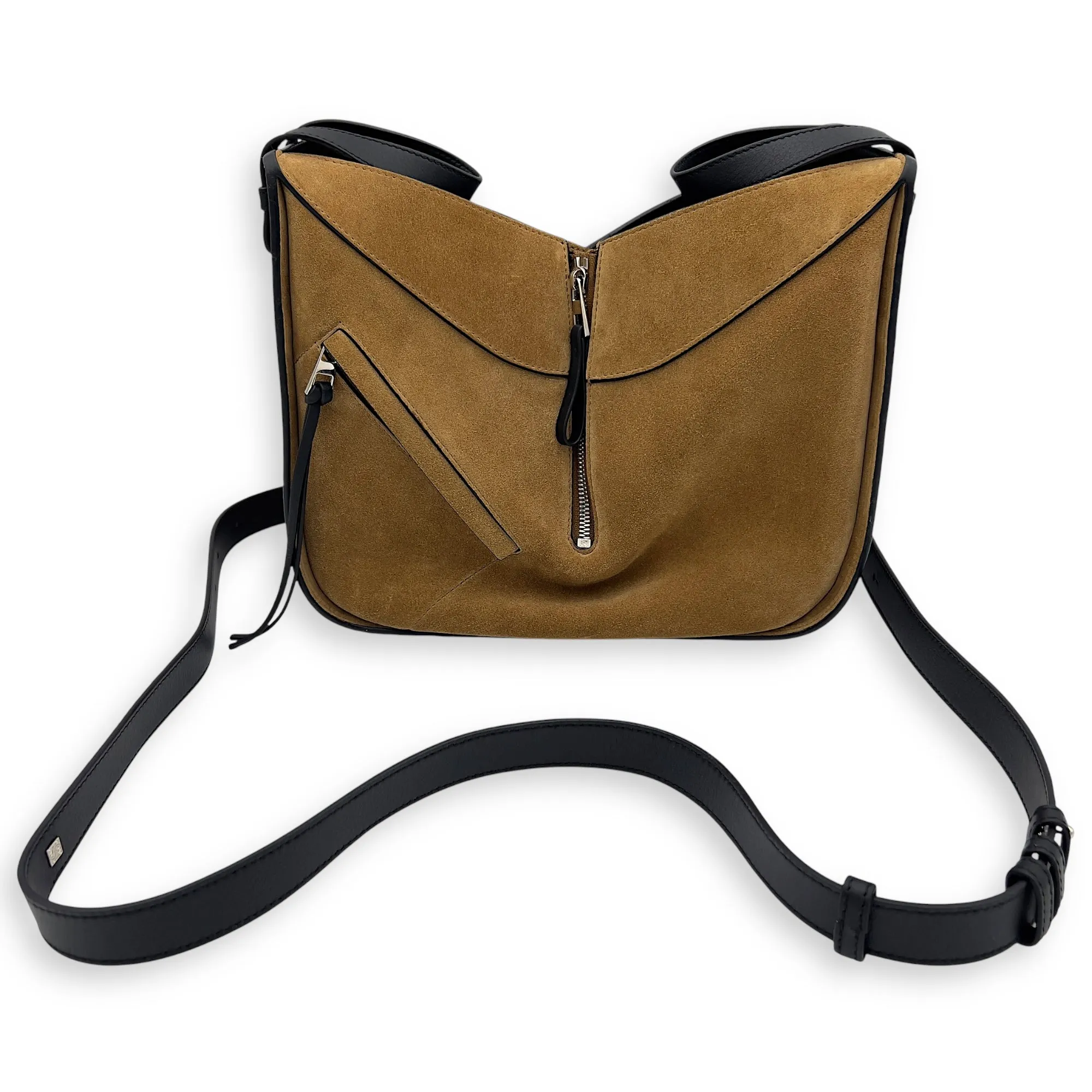 Hammock Small Brown Shoulder Bag in Suede Leather, Silver hardware