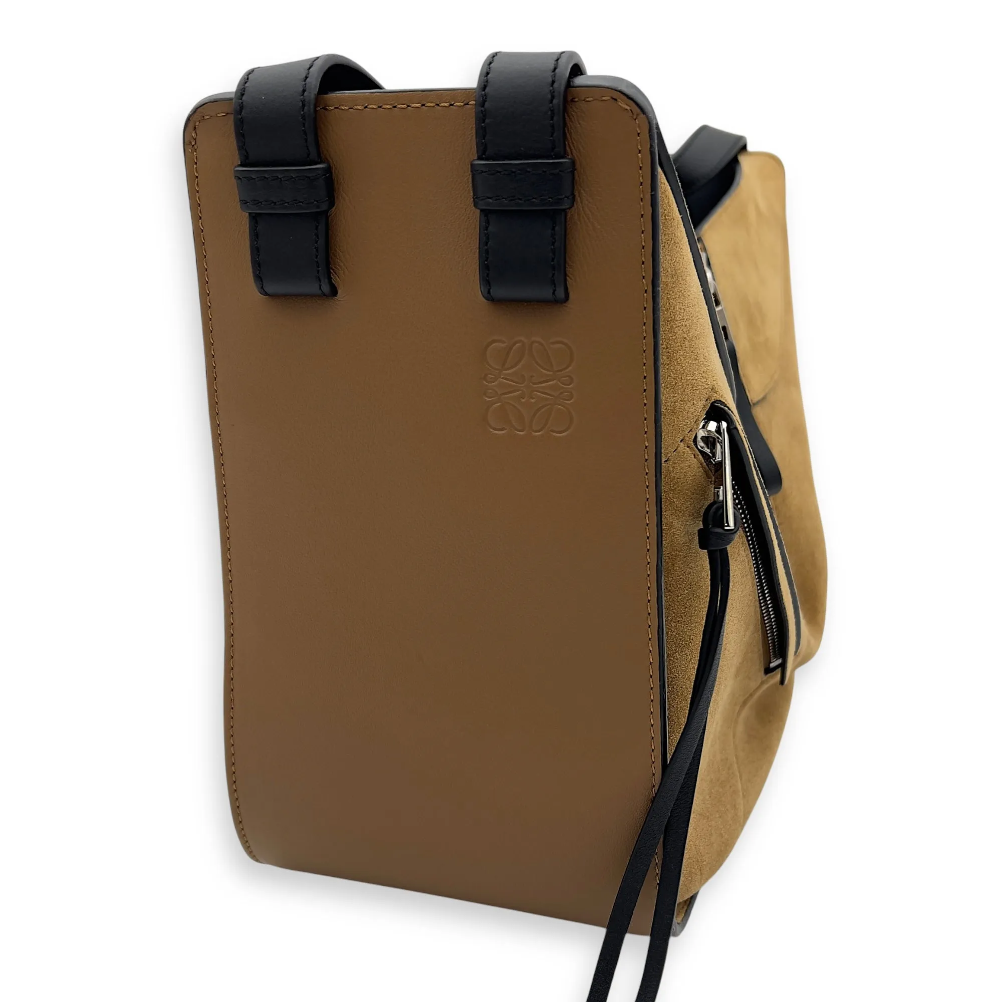 Hammock Small Brown Shoulder Bag in Suede Leather, Silver hardware