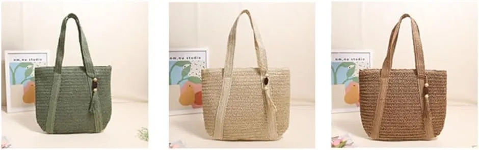 Hand-Woven Straw Mesh Tote Bag Tassel Beach Shoulder Bag for Women Large Capacity Handbags for Holiday Travel Green