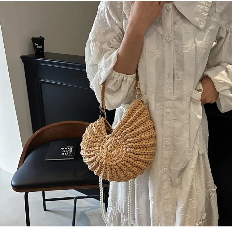 Handwoven Seashell Bag Crochet Shell Purse Summer Beach Tote Bag Pearl Clutch Purse Cute Conch Shoulder Handbag