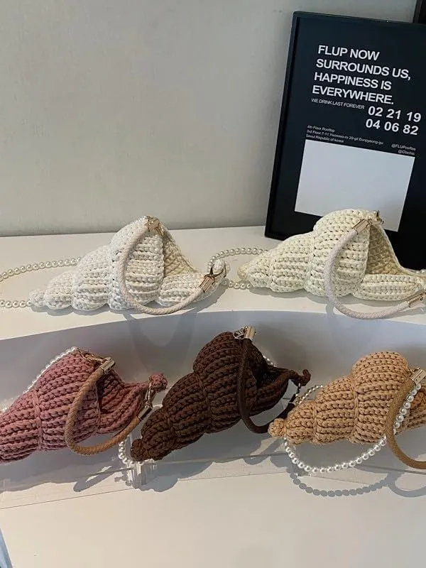 Handwoven Seashell Bag Crochet Shell Purse Summer Beach Tote Bag Pearl Clutch Purse Cute Conch Shoulder Handbag