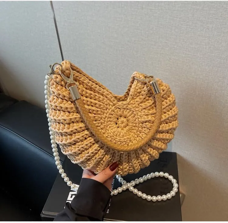 Handwoven Seashell Bag Crochet Shell Purse Summer Beach Tote Bag Pearl Clutch Purse Cute Conch Shoulder Handbag